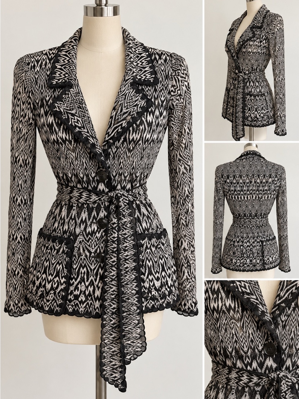 Missoni Black & White Zig Zag Knit Belted Cardigan Jacket Size IT 40/US 4/Small
